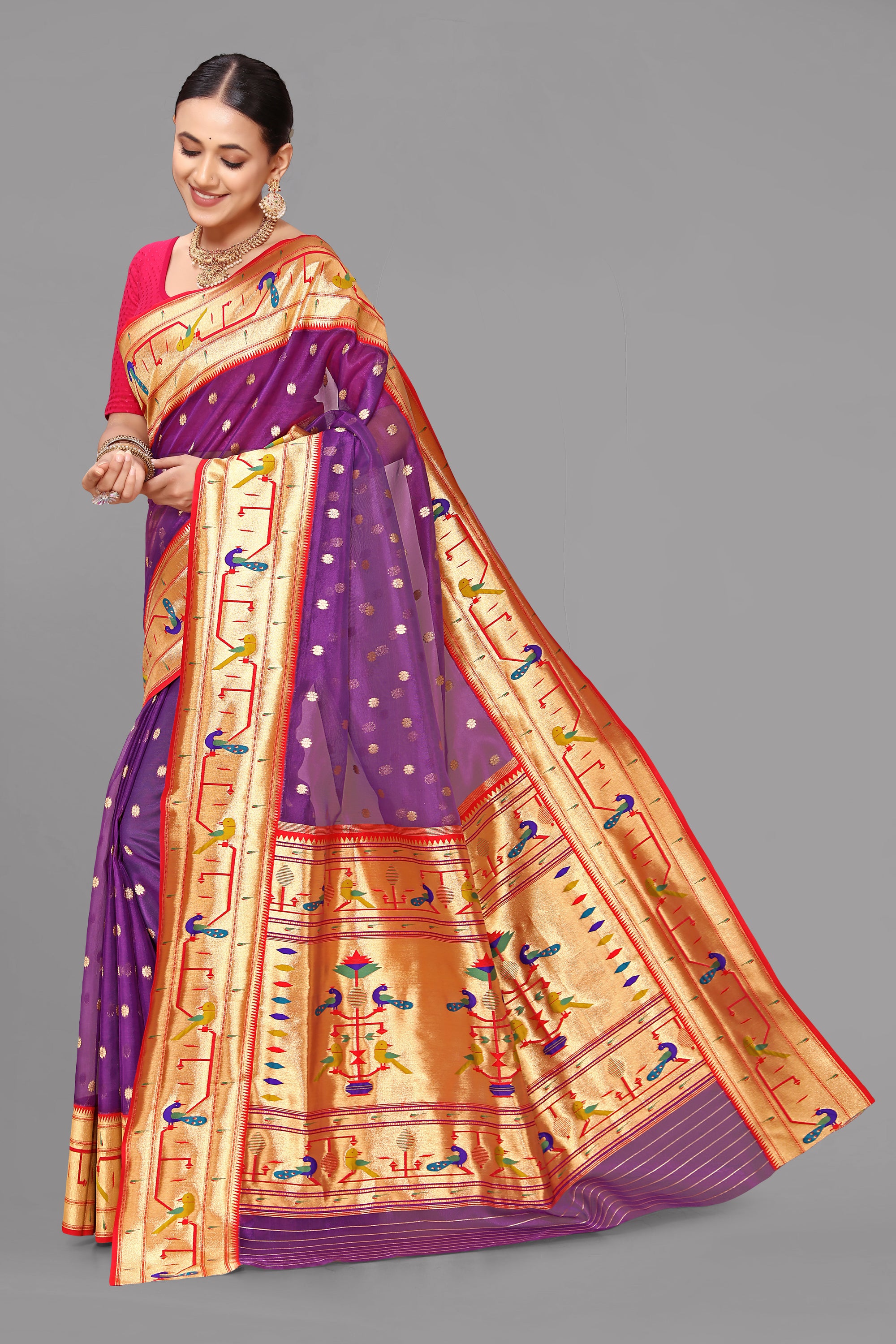 Magenta organza paithani saree