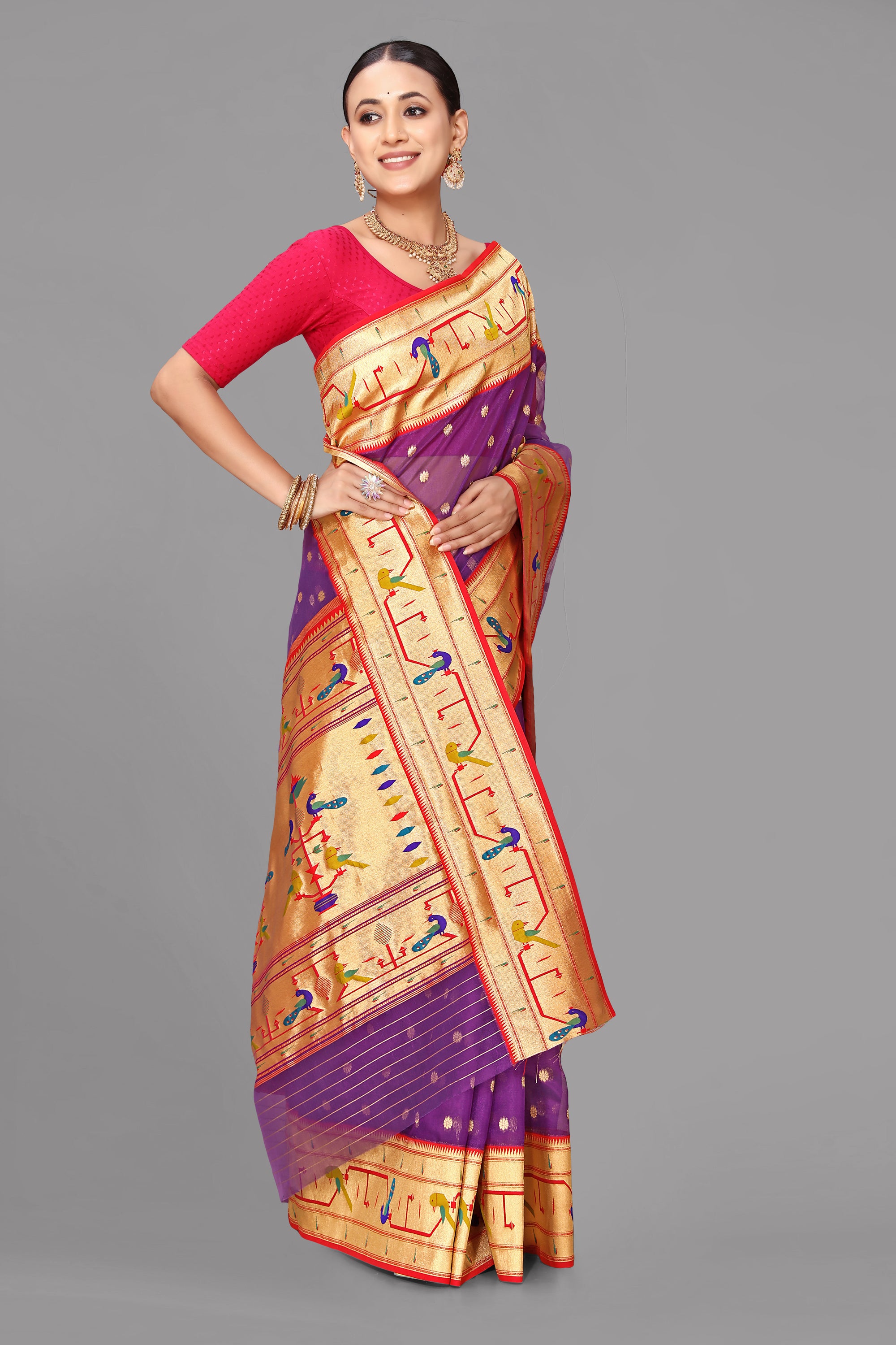 Magenta organza paithani saree