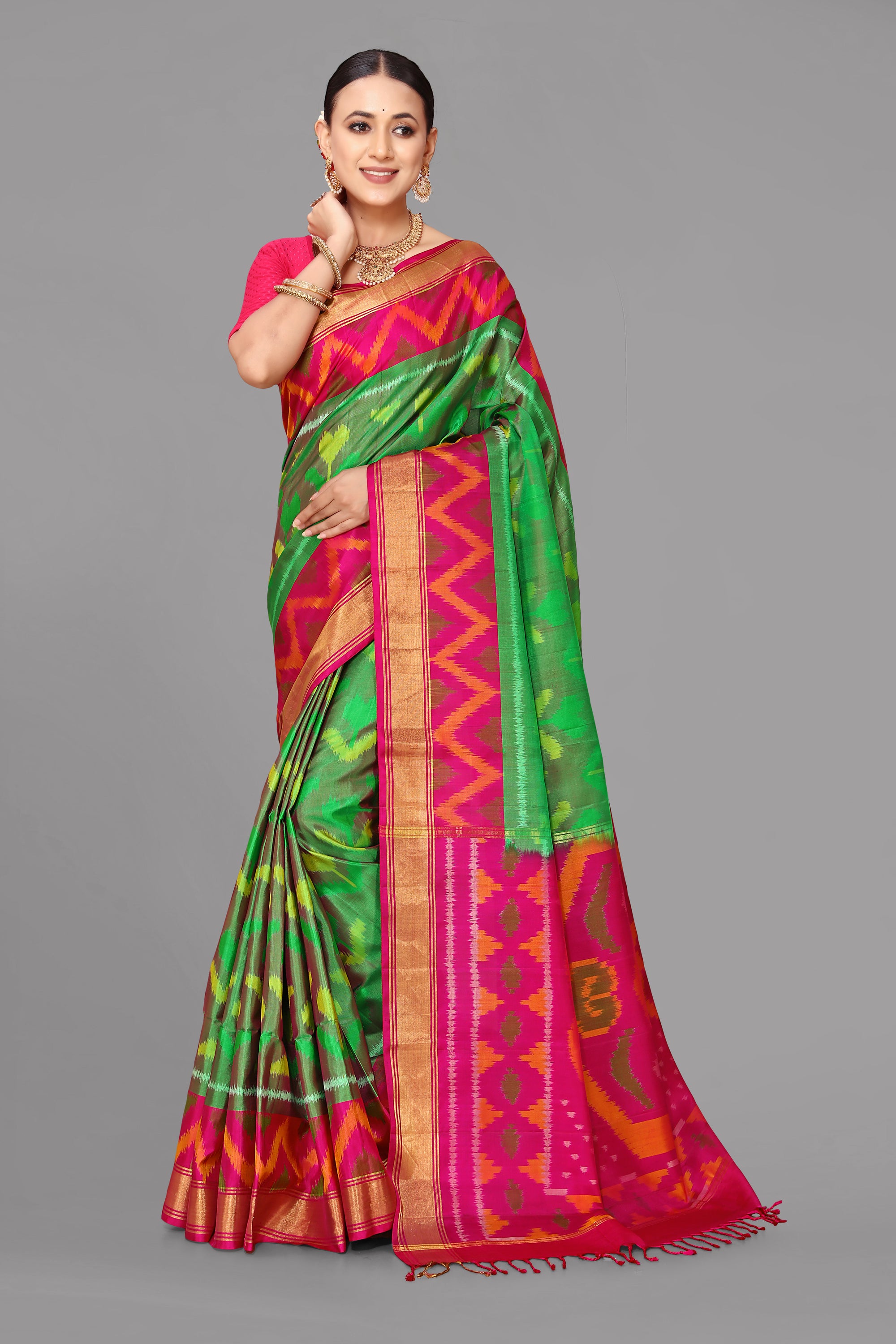 Green ikat soft silk saree