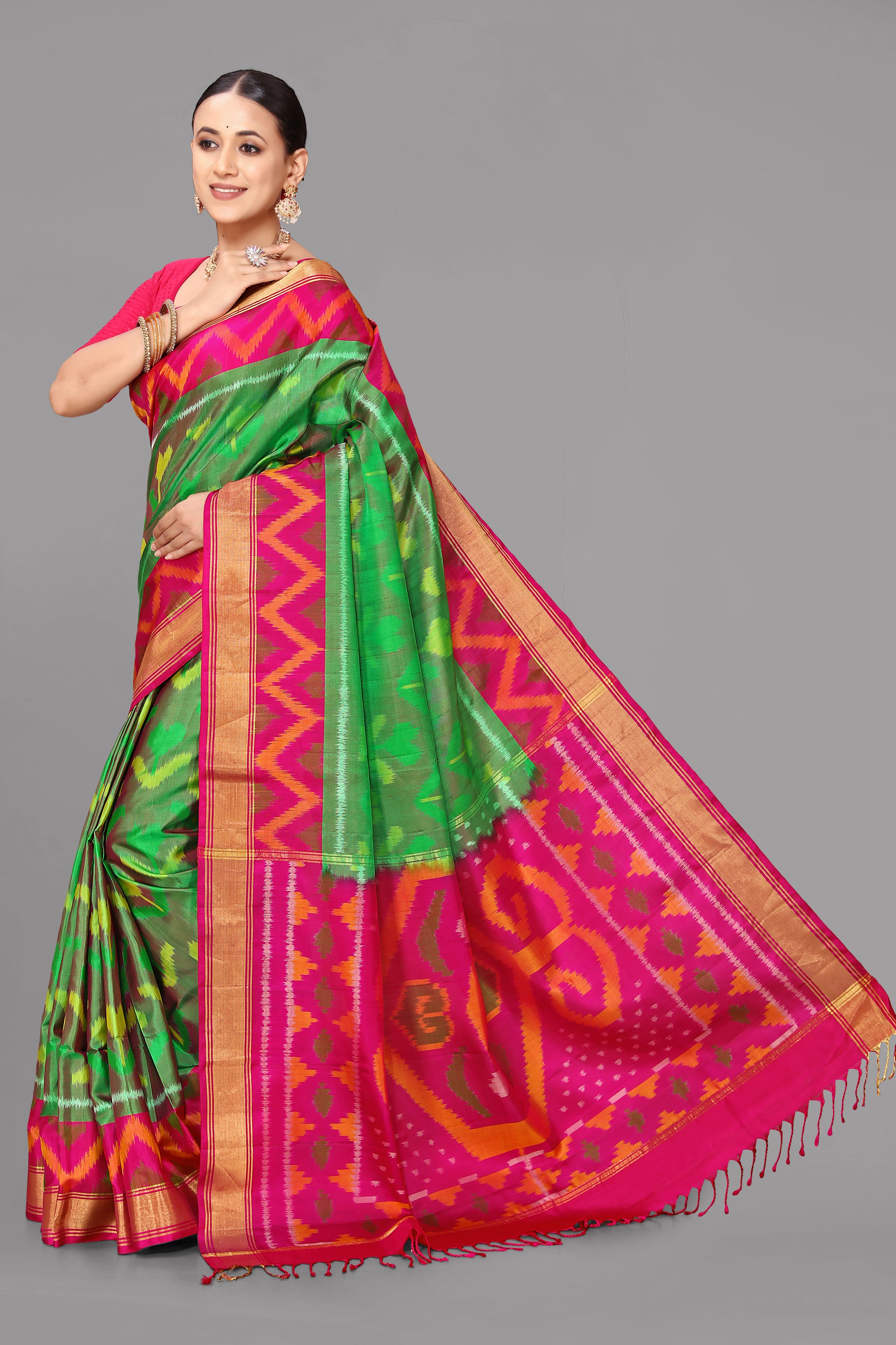 Green ikat soft silk saree