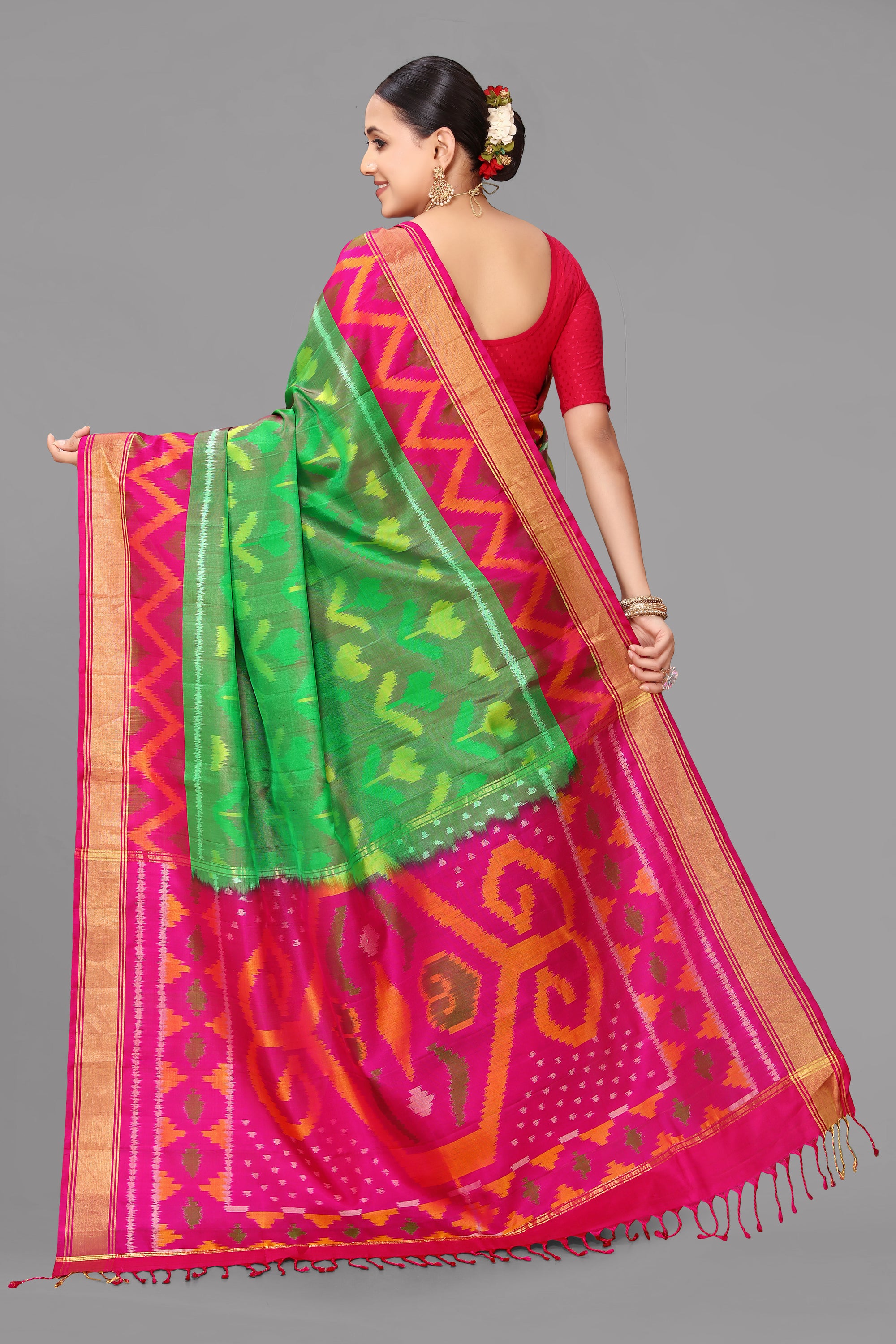 Green ikat soft silk saree