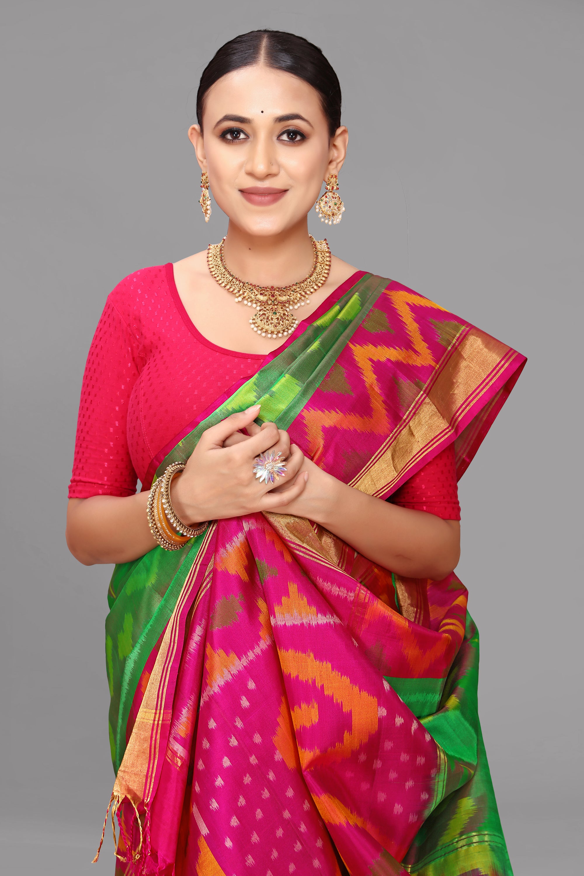 Green ikat soft silk saree