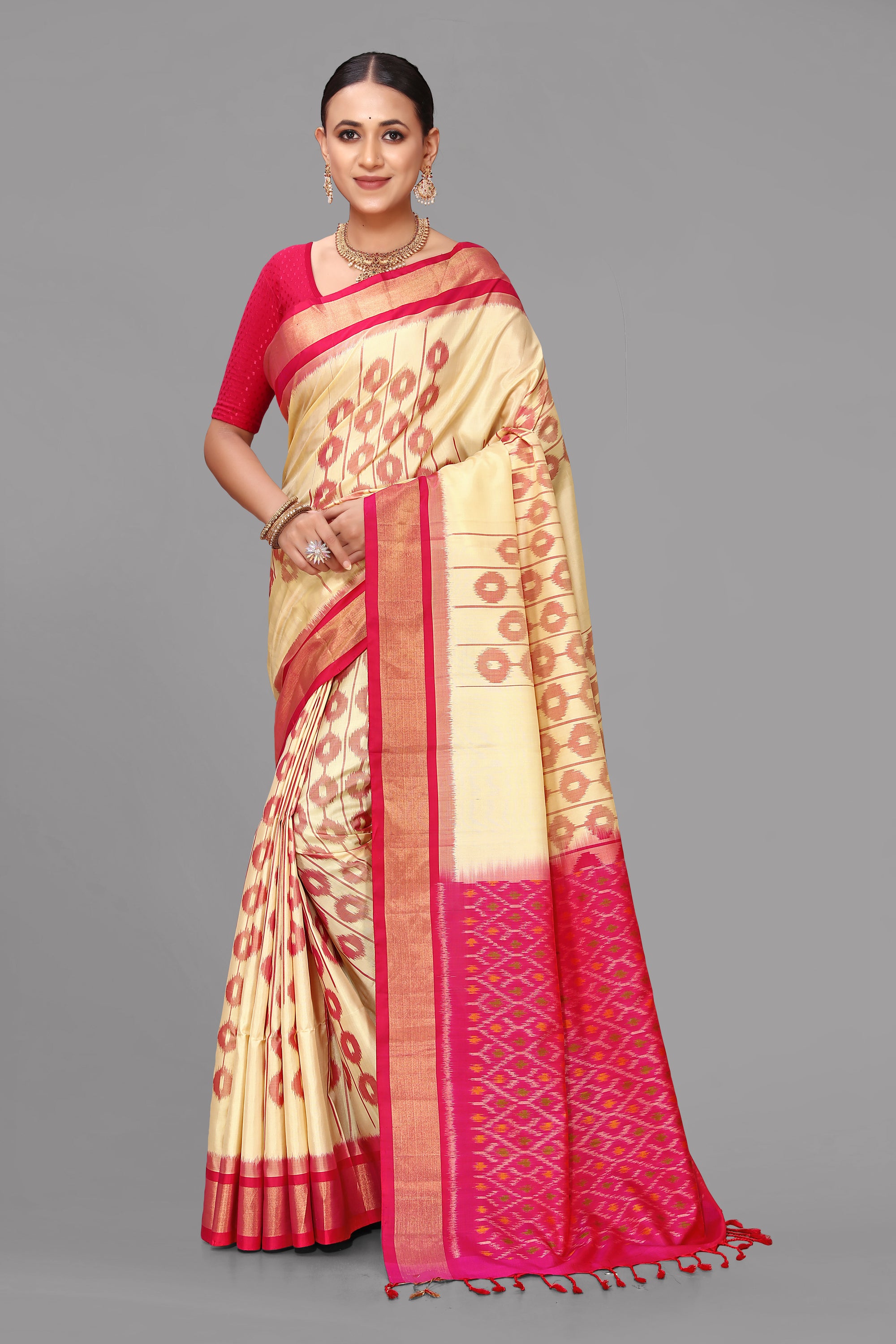 Cream ikat soft silk saree