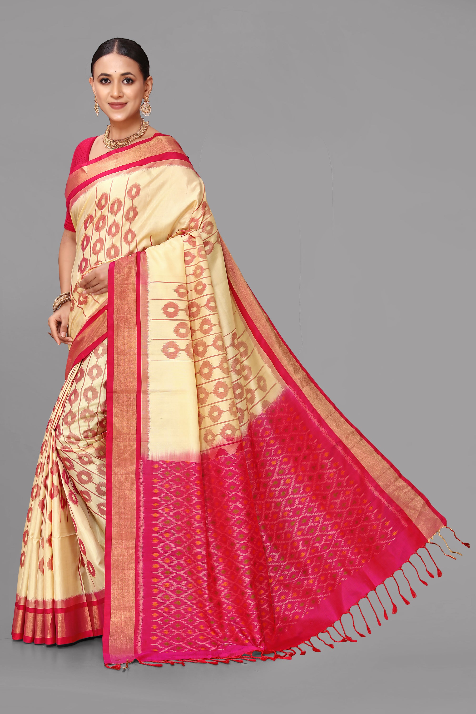 Cream ikat soft silk saree