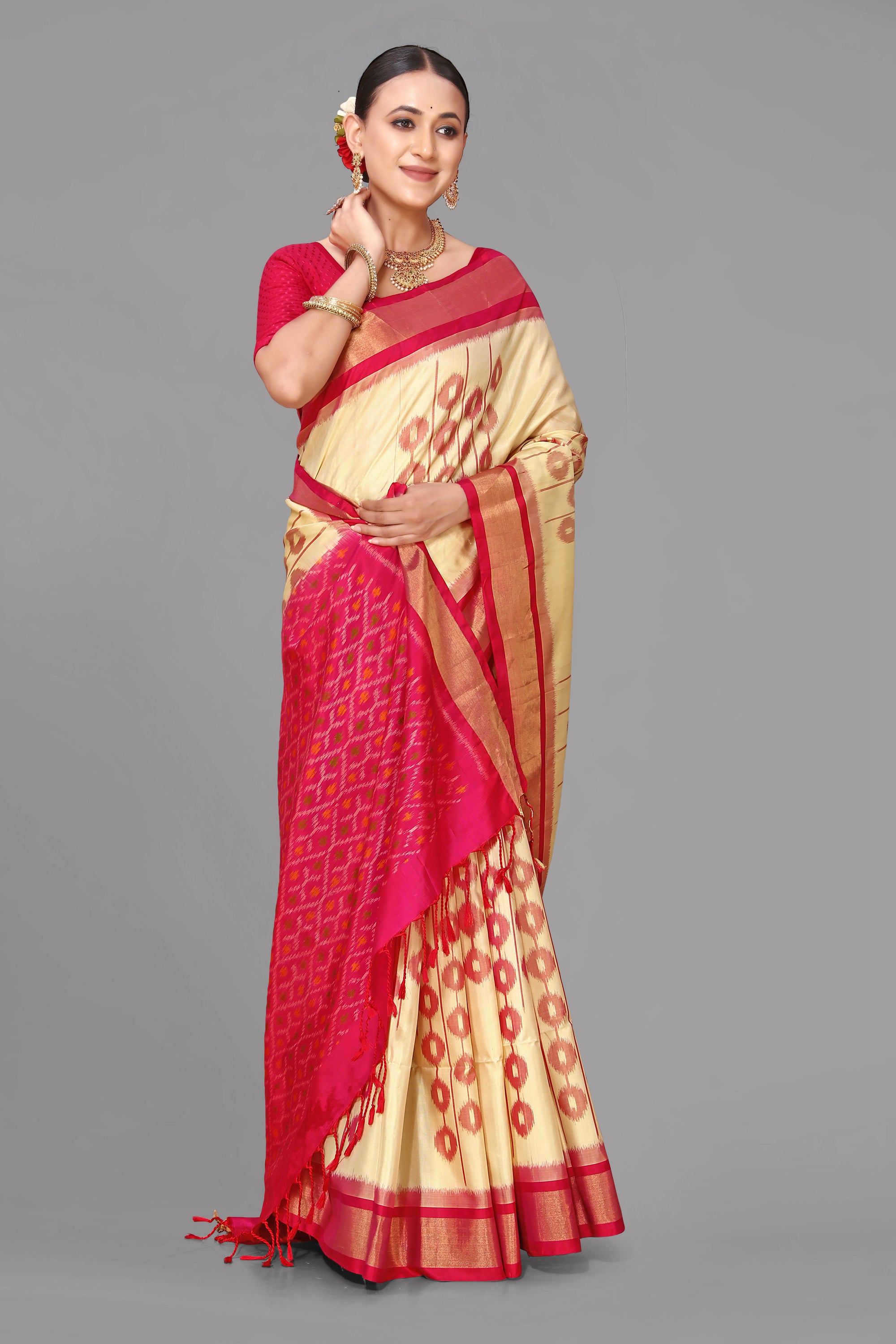 Cream ikat soft silk saree