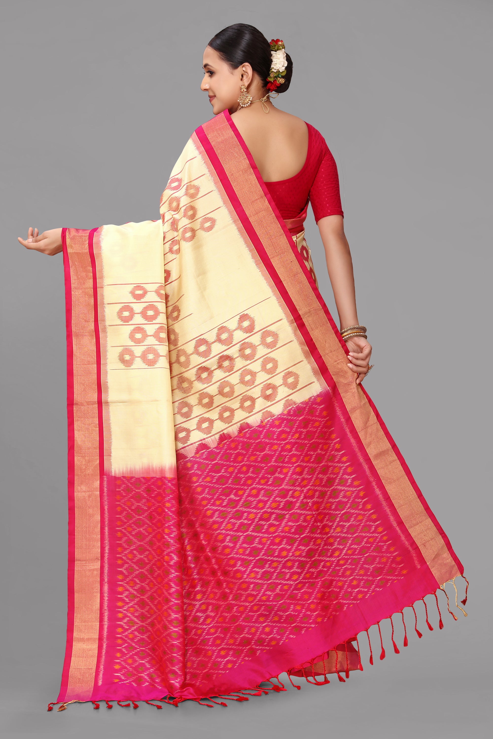 Cream ikat soft silk saree