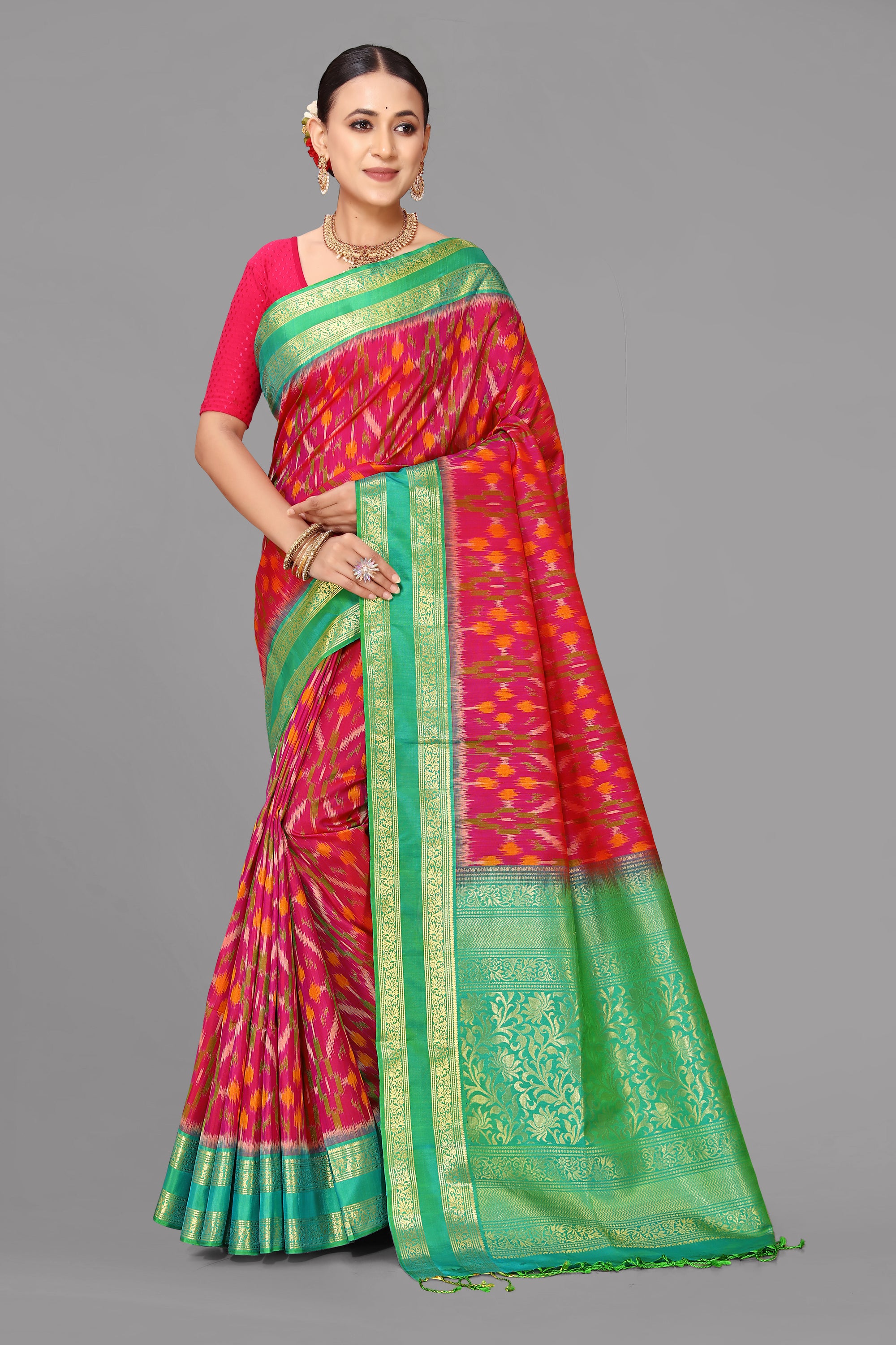 Rani by sapphire green ikat soft silk saree