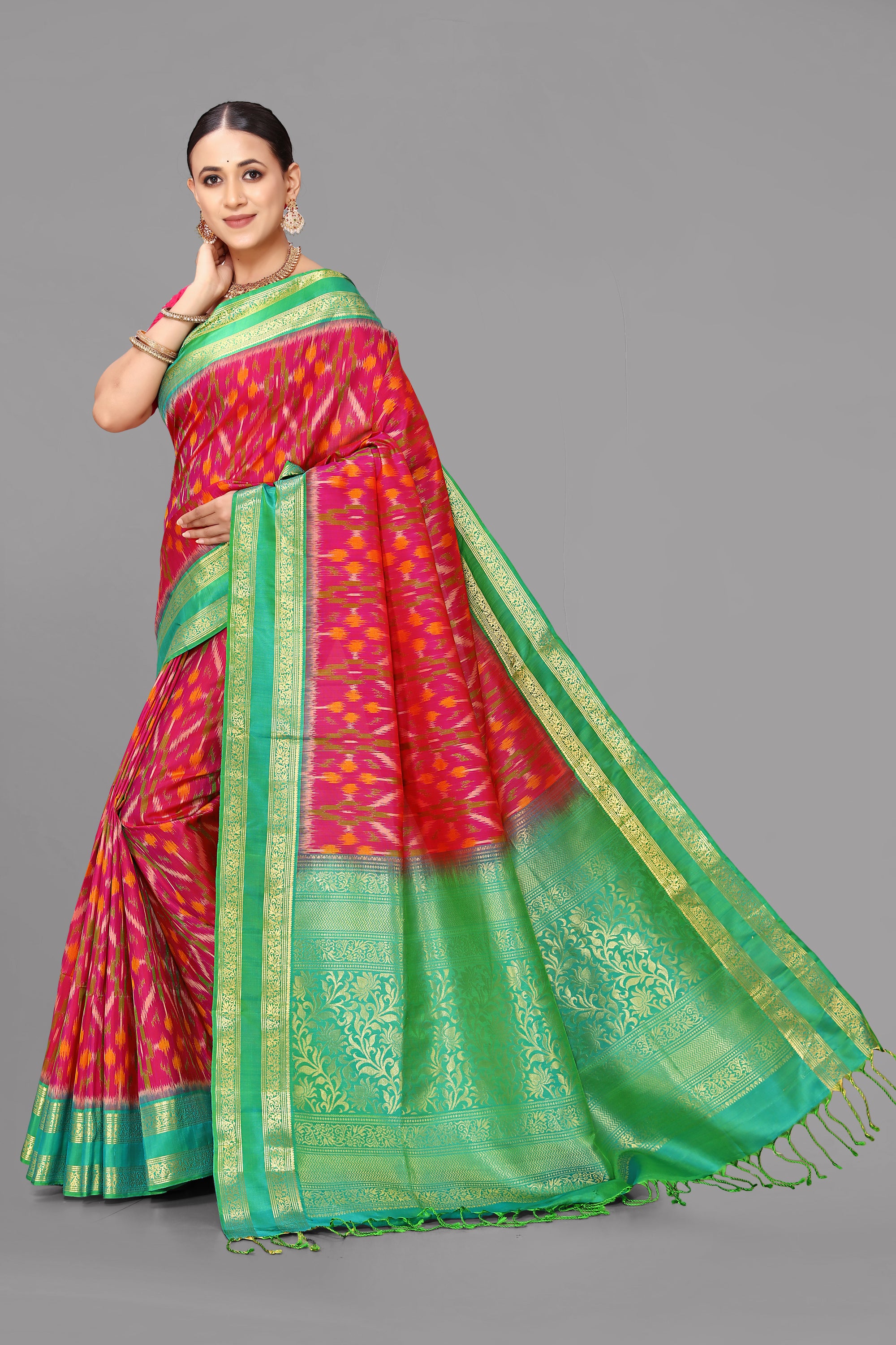 Rani by sapphire green ikat soft silk saree