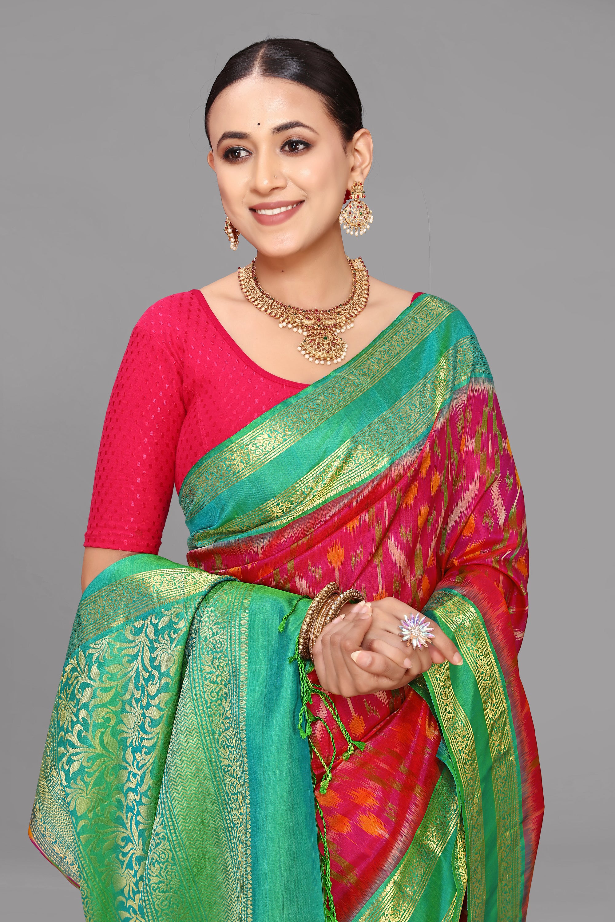 Rani by sapphire green ikat soft silk saree