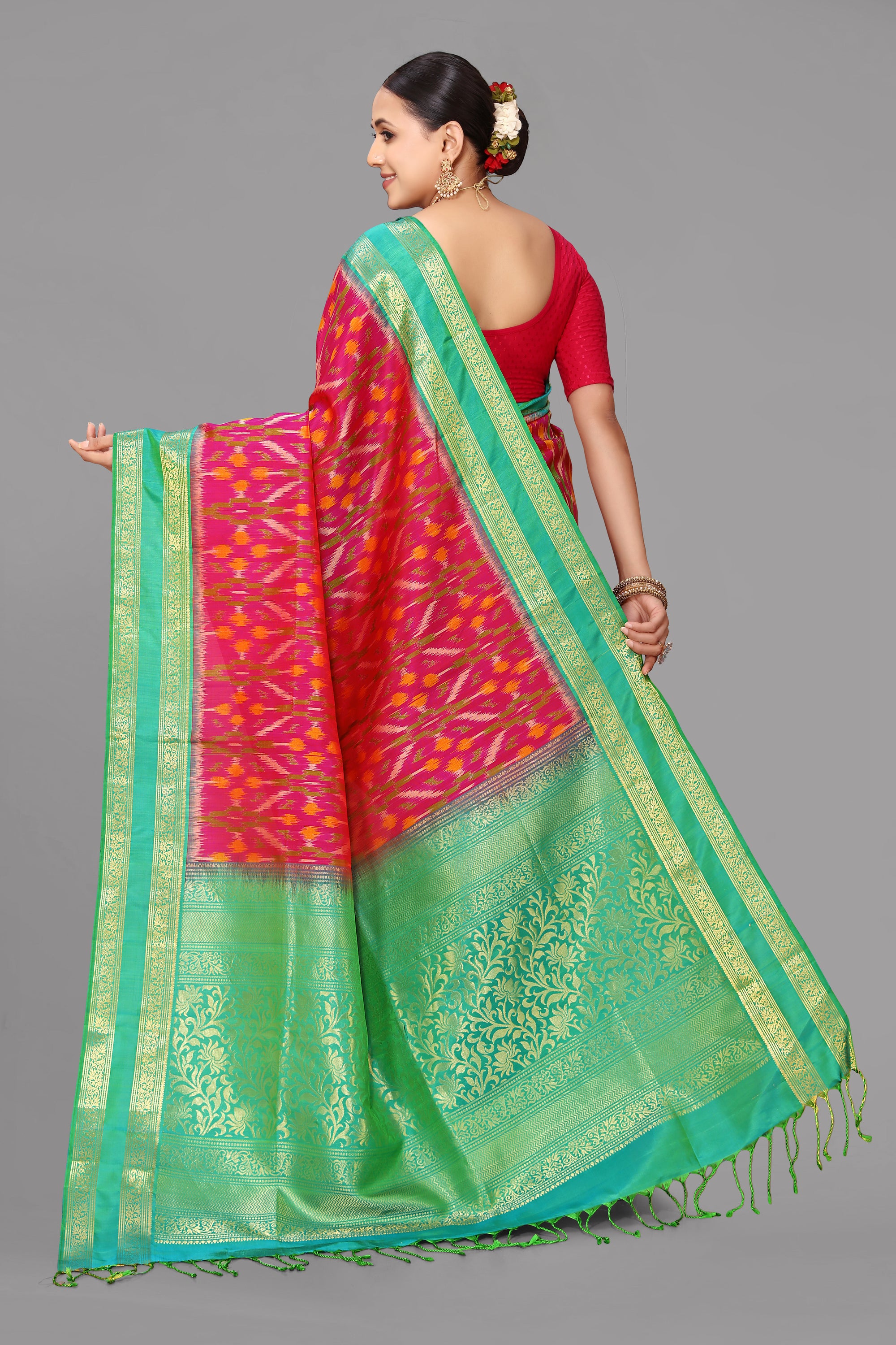 Rani by sapphire green ikat soft silk saree