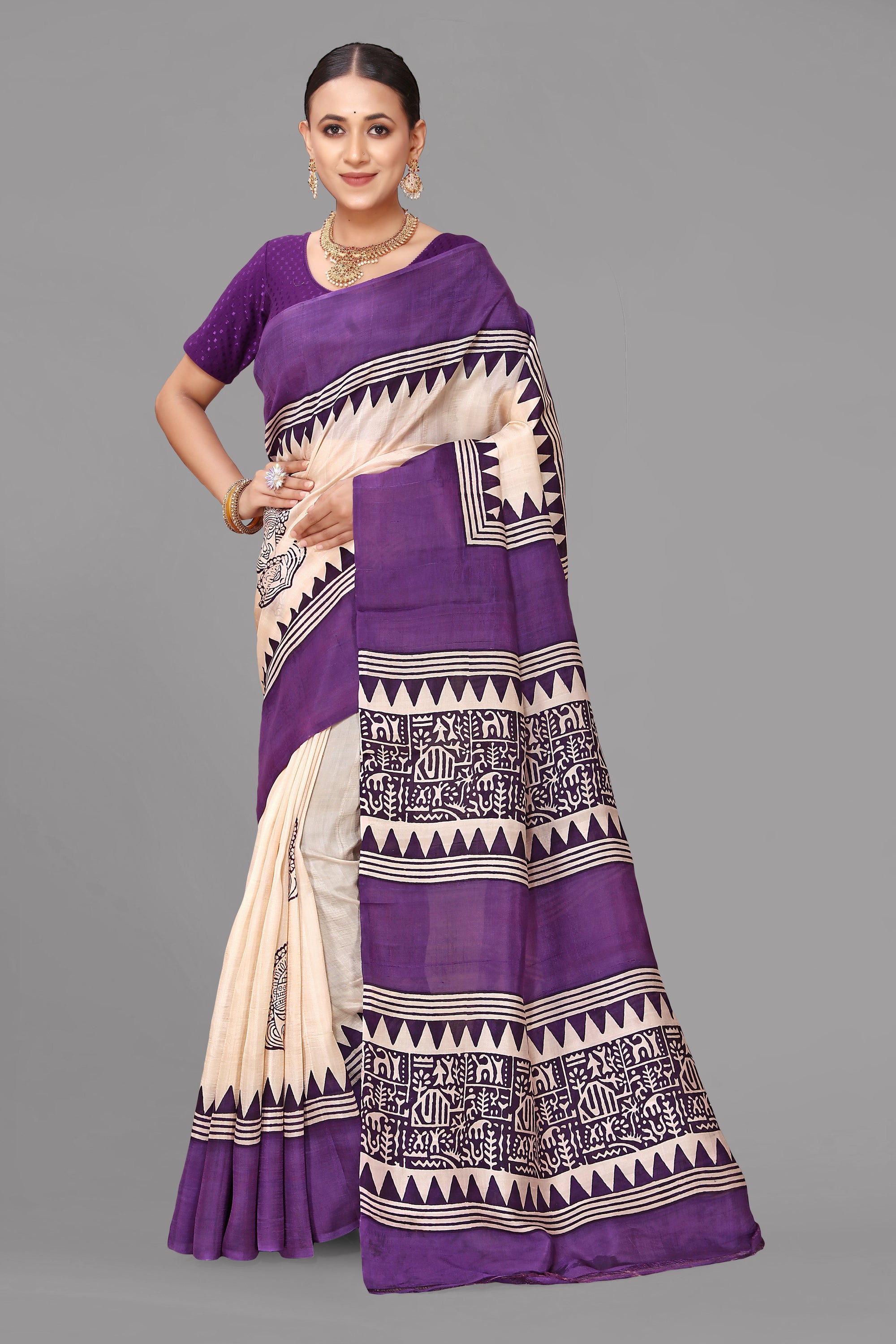 Cream by purple printed silk saree