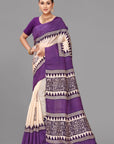 Cream by purple printed silk saree