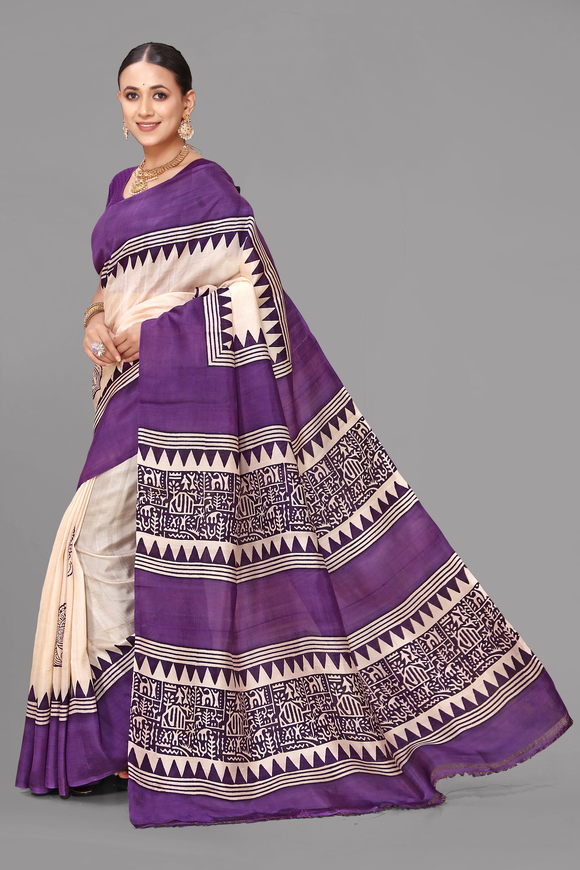 Cream by purple printed silk saree