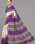 Cream by purple printed silk saree