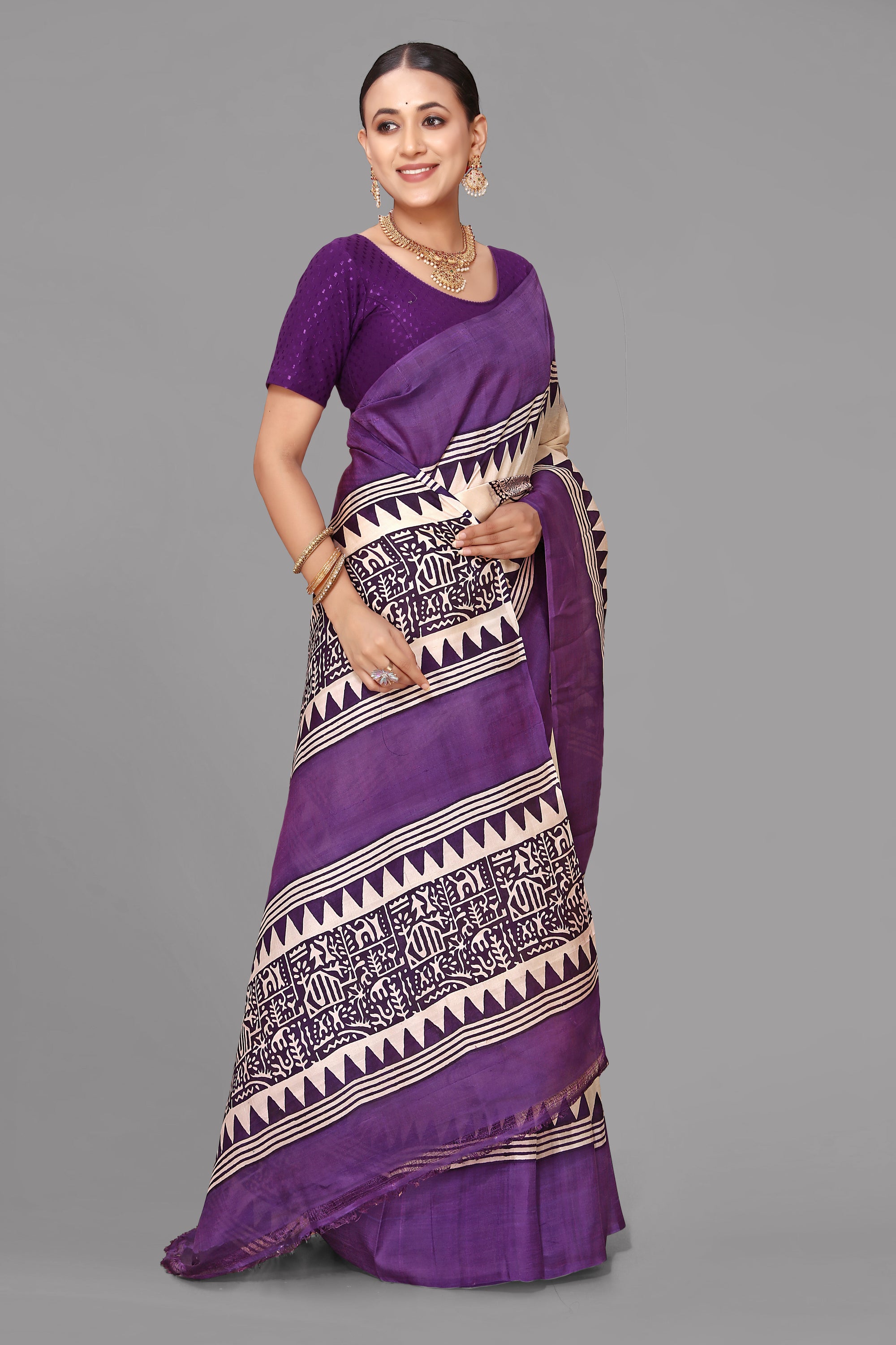 Cream by purple printed silk saree