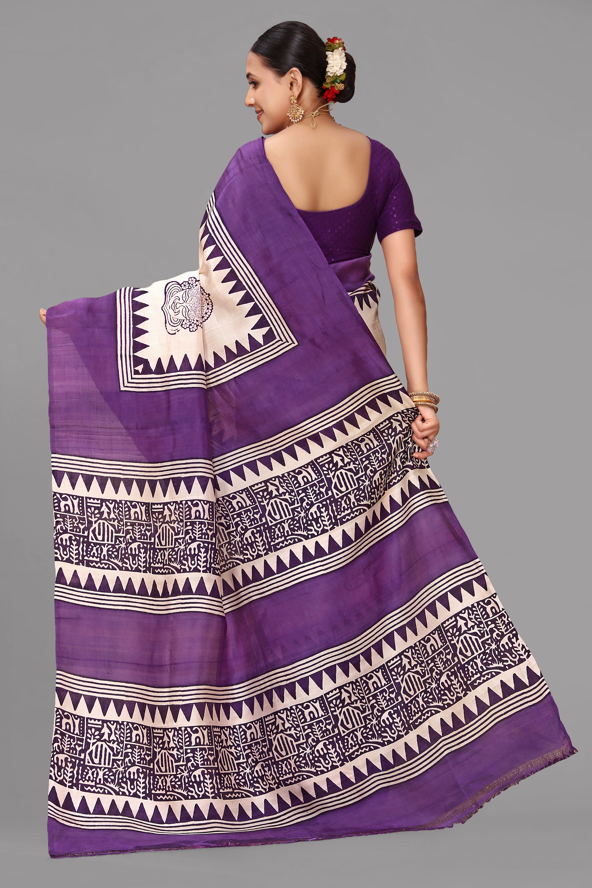 Cream by purple printed silk saree