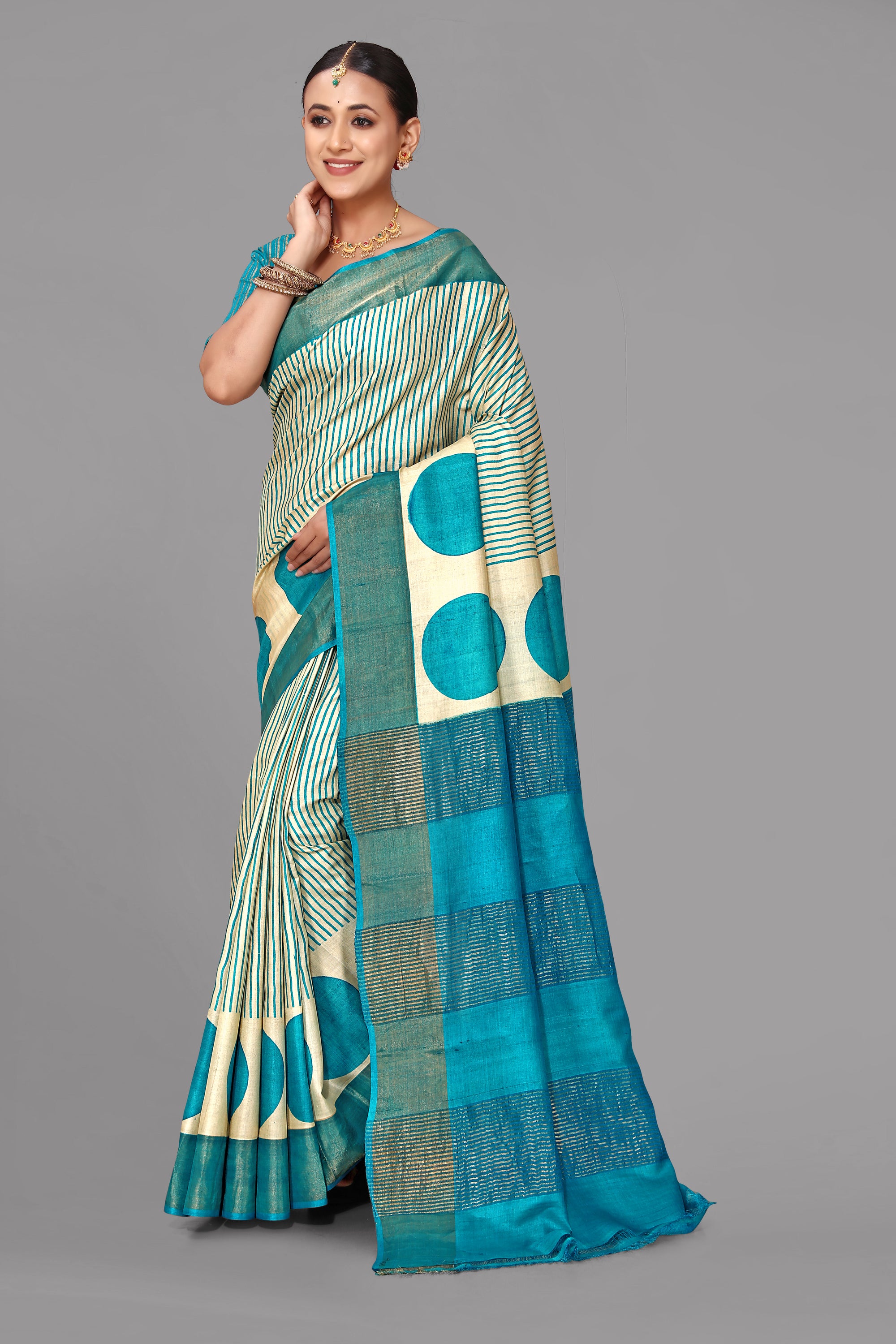 Cream tussar silk printed saree