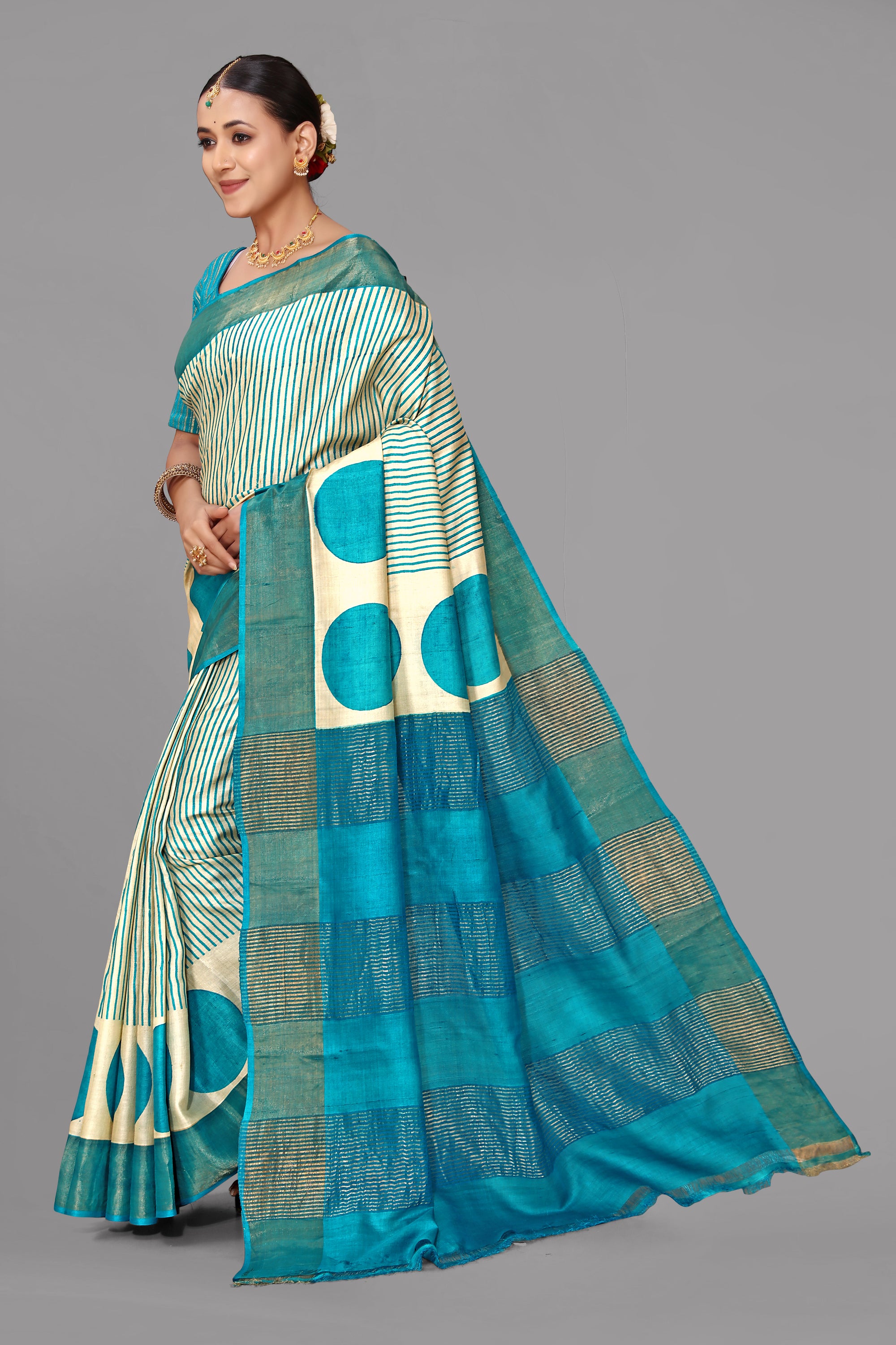 Cream tussar silk printed saree