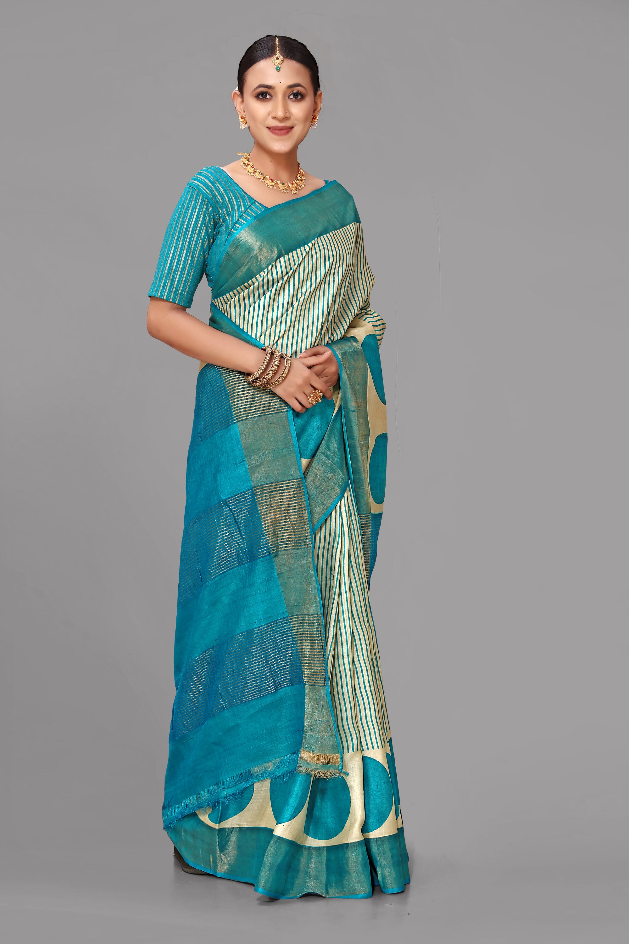 Cream tussar silk printed saree