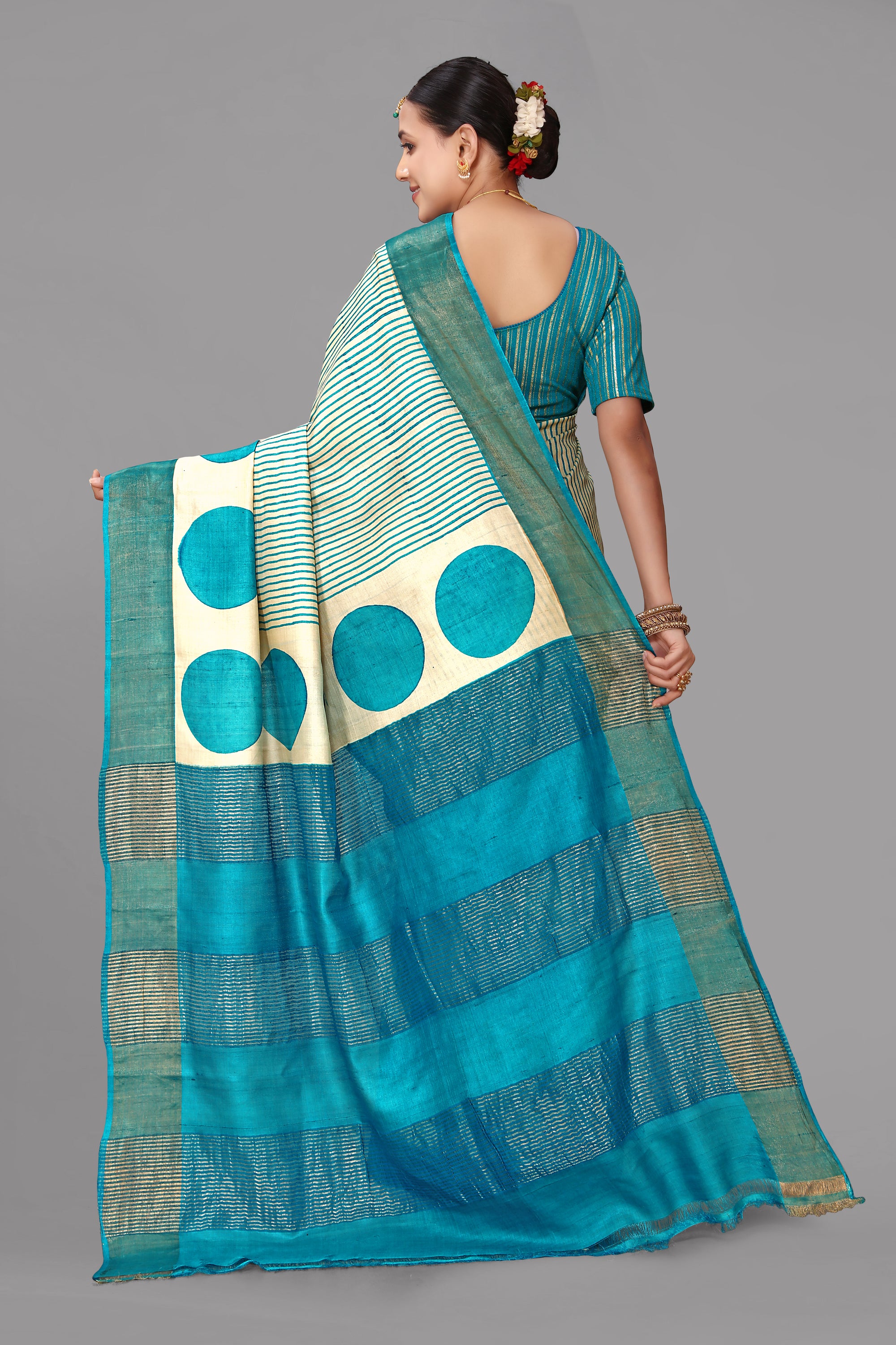 Cream tussar silk printed saree