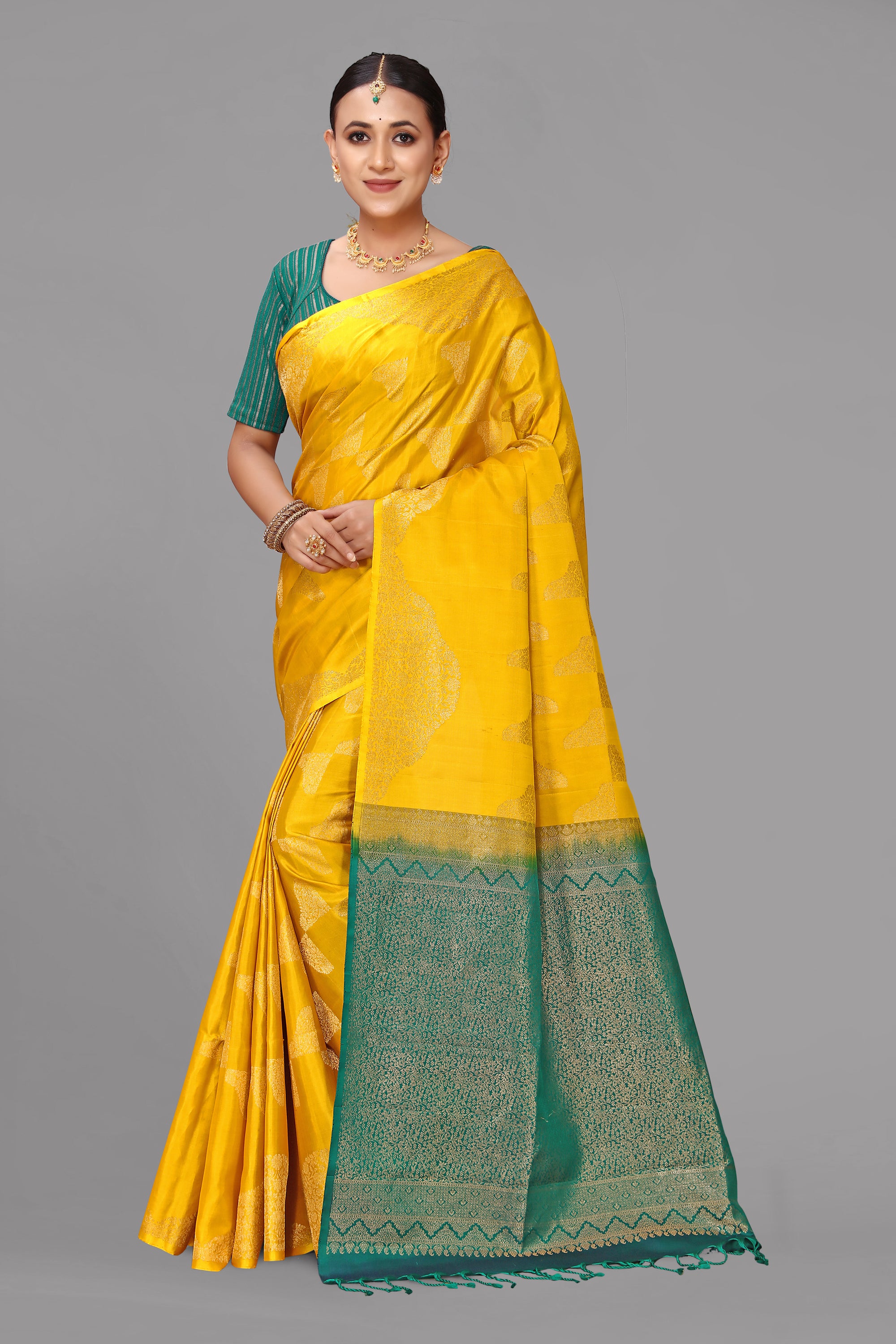 Yellow self zari soft silk saree
