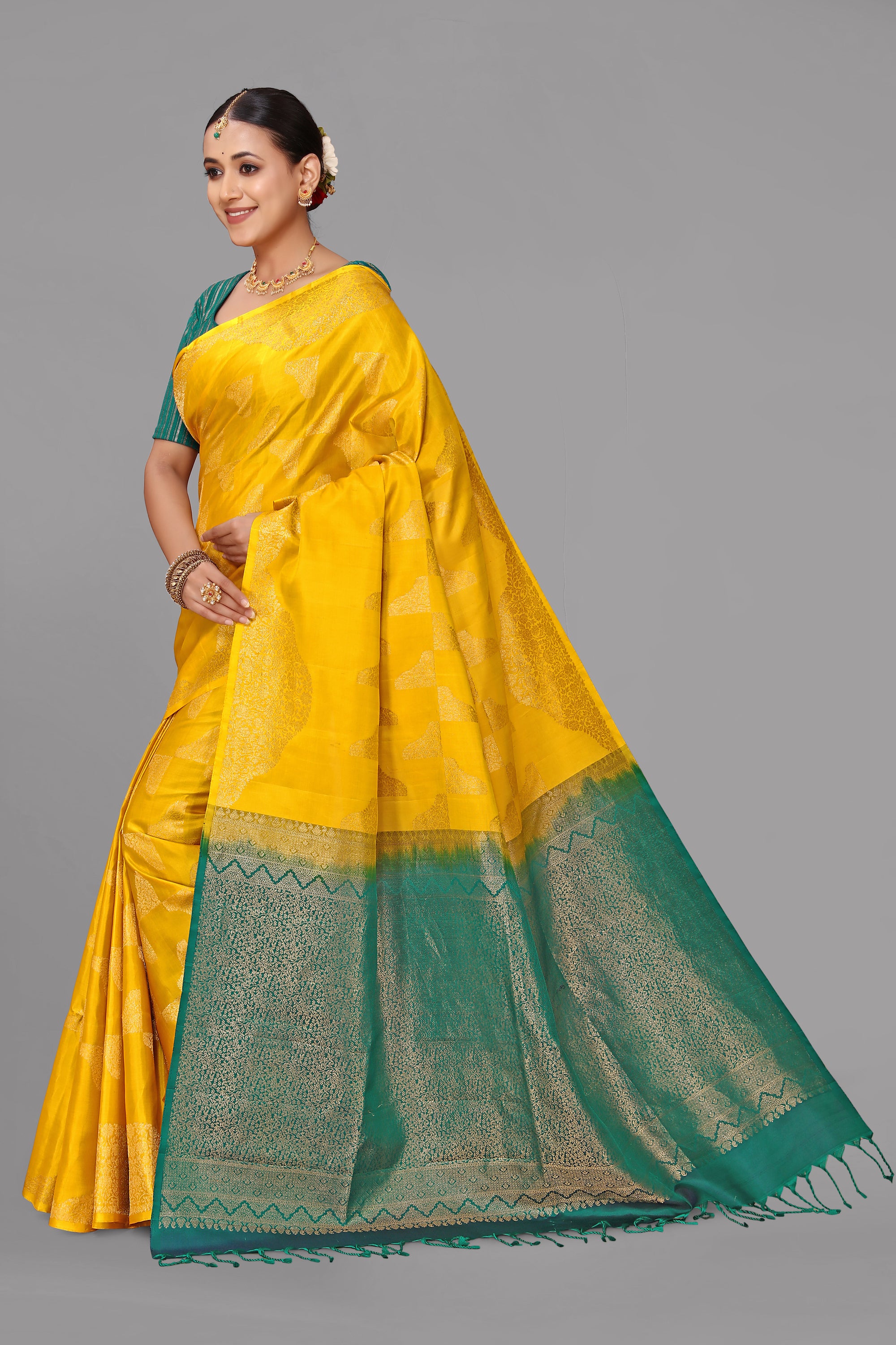 Yellow self zari soft silk saree