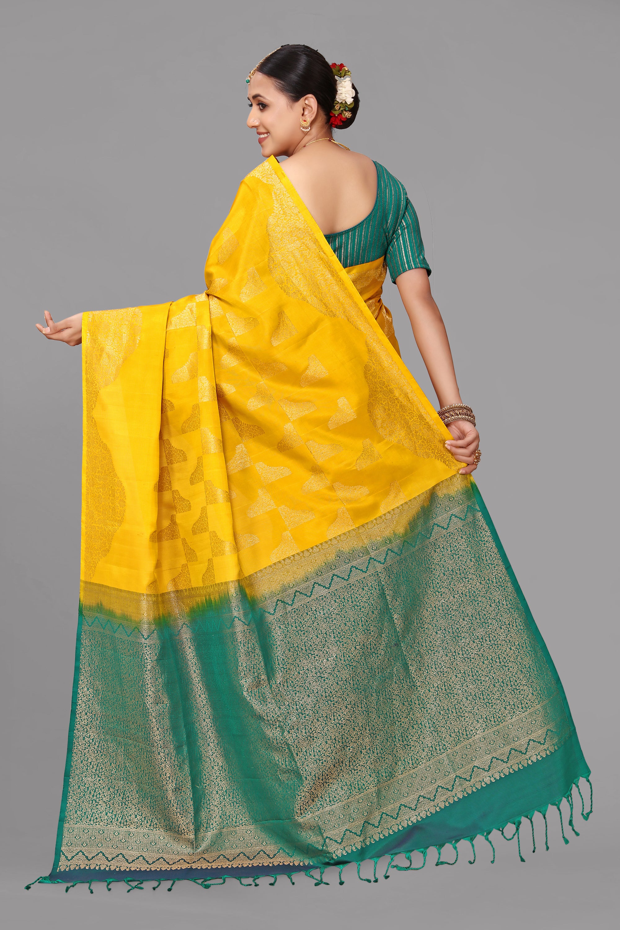 Yellow self zari soft silk saree