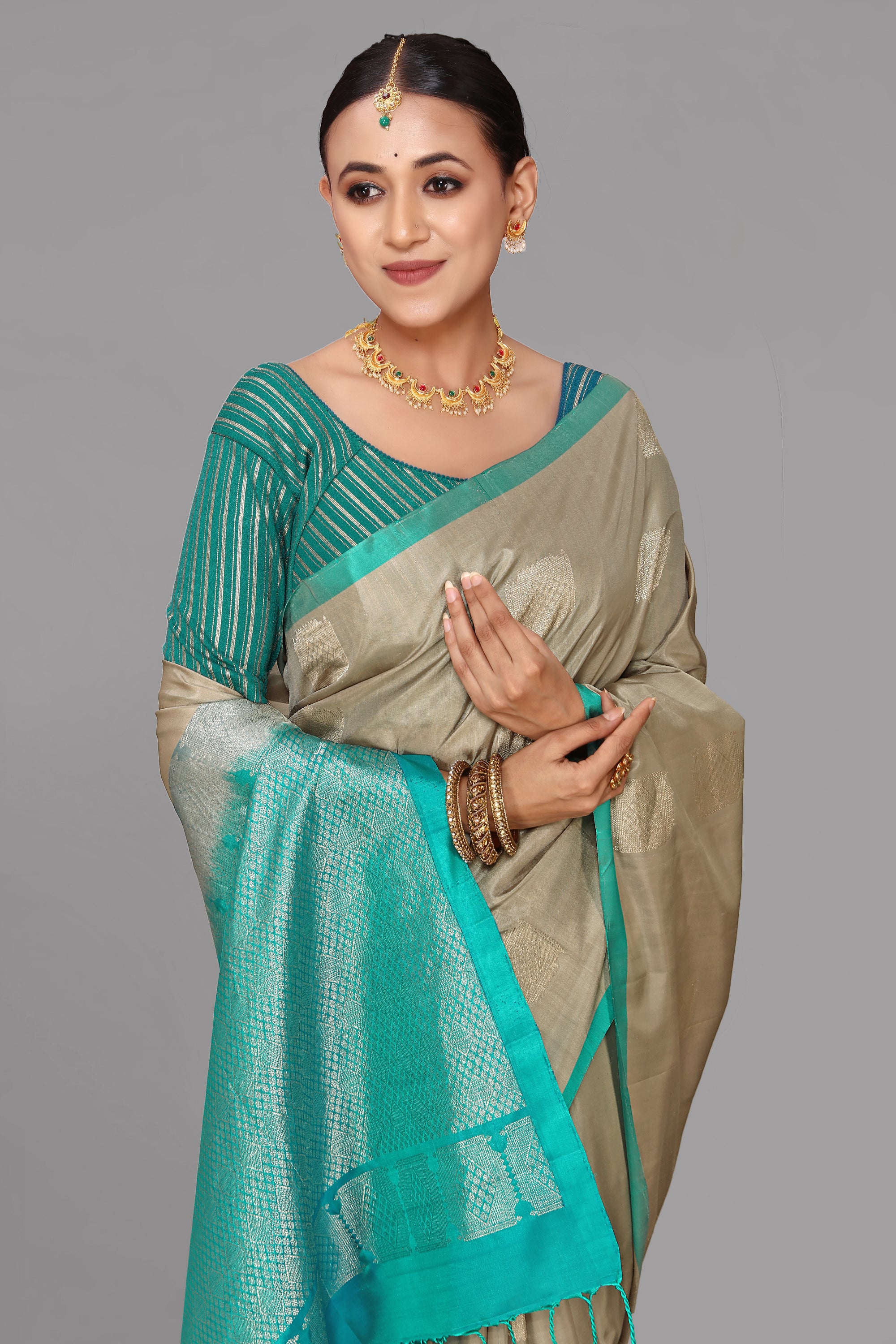 Chikoo beige soft silk saree