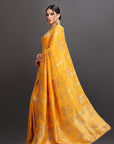 Woman wearing a yellow saree with a dark background