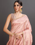 Peach Pink Crepe Tissue Brocade Embroidered Saree
