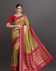 Woman wearing a traditional saree with red and gold patterns on a gray background