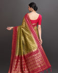 Woman wearing a green and red saree with a plain background