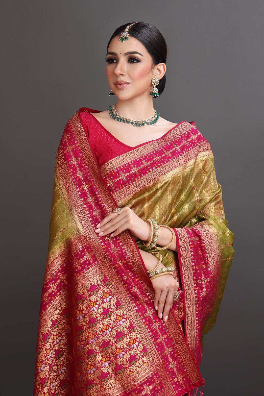 Woman wearing a traditional saree with intricate patterns on a gray background