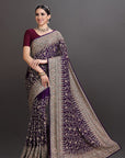 Wine Magenta Satin Crepe Embroidered Saree