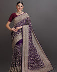 Wine Magenta Satin Crepe Embroidered Saree