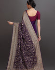 Wine Magenta Satin Crepe Embroidered Saree