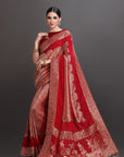 Red Crepe Saree with Zari Brocade Embroidered Saree