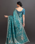 Peacock Blue Crepe Tissue Brocade Embroidered Saree