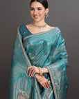 Peacock Blue Crepe Tissue Brocade Embroidered Saree