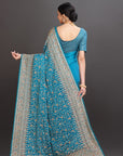 Peacock Blue Satin Crepe Embroidered Saree