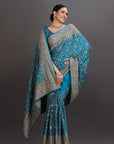 Peacock Blue Satin Crepe Embroidered Saree