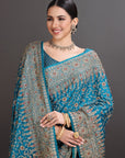 Peacock Blue Satin Crepe Embroidered Saree