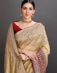 Creamy Lemon Organza Net Embroidered Saree