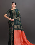 Bottle Green Kanjivaram Soft Silk Ikat Saree