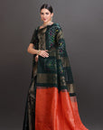 Bottle Green Kanjivaram Soft Silk Ikat Saree