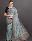 Firozi Blue Zari Organza Net Embroidered Saree