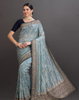 Firozi Blue Zari Organza Net Embroidered Saree