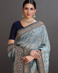 Firozi Blue Zari Organza Net Embroidered Saree