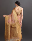 Woman wearing a gold saree with a plain background