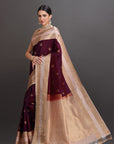 Woman wearing a traditional maroon and beige saree with a plain background